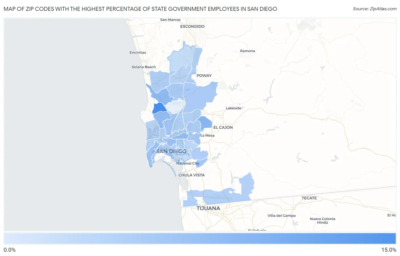 Zip Codes with the Highest Percentage of State Government Employees in San Diego Map