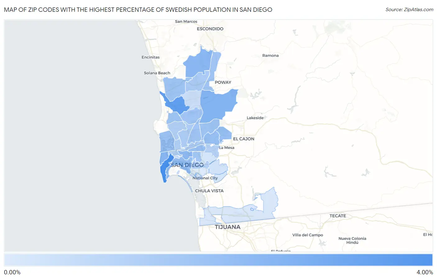 Zip Codes with the Highest Percentage of Swedish Population in San Diego Map