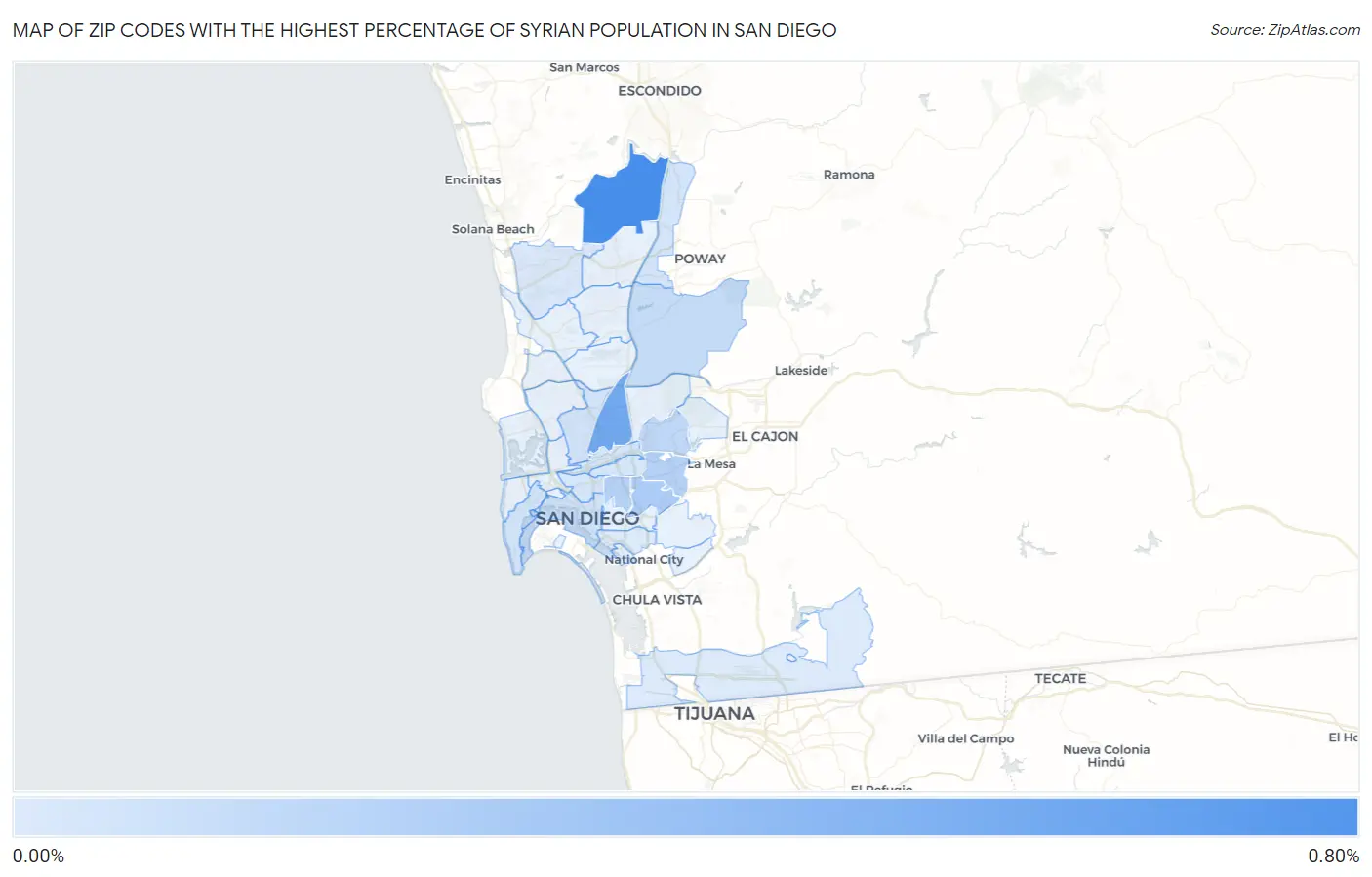 Zip Codes with the Highest Percentage of Syrian Population in San Diego Map