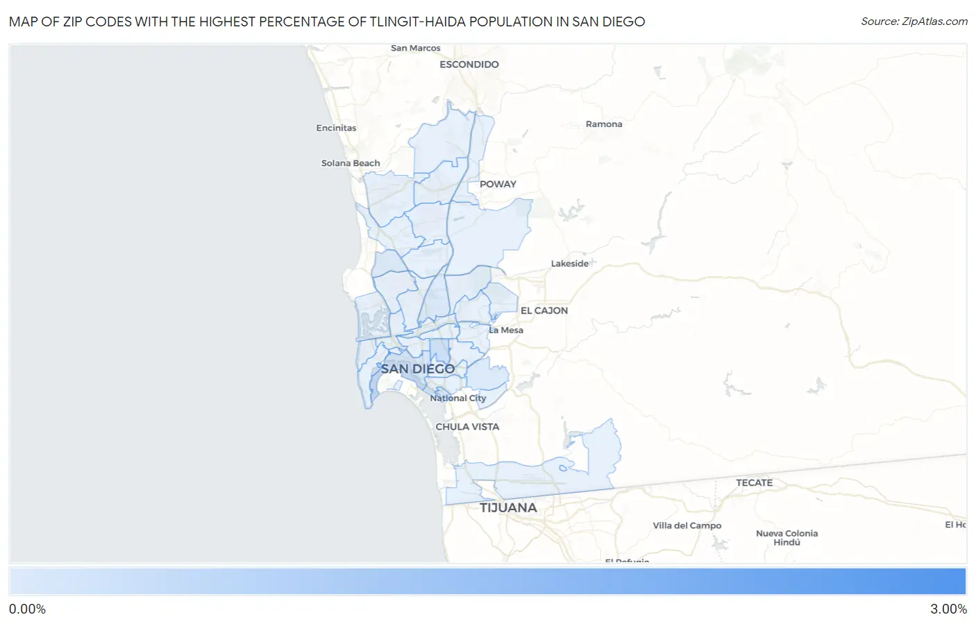 Zip Codes with the Highest Percentage of Tlingit-Haida Population in San Diego Map