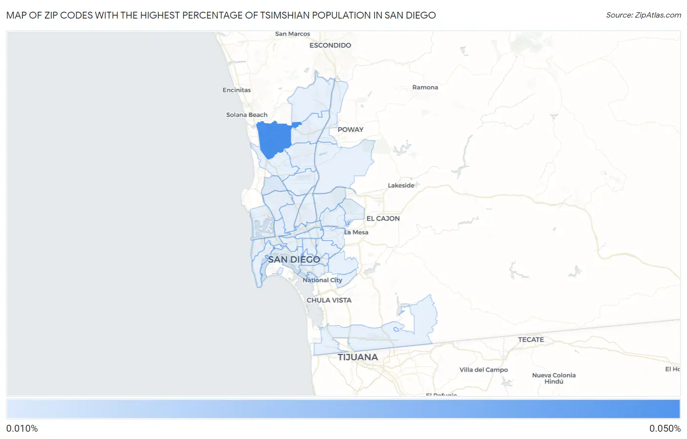 Zip Codes with the Highest Percentage of Tsimshian Population in San Diego Map