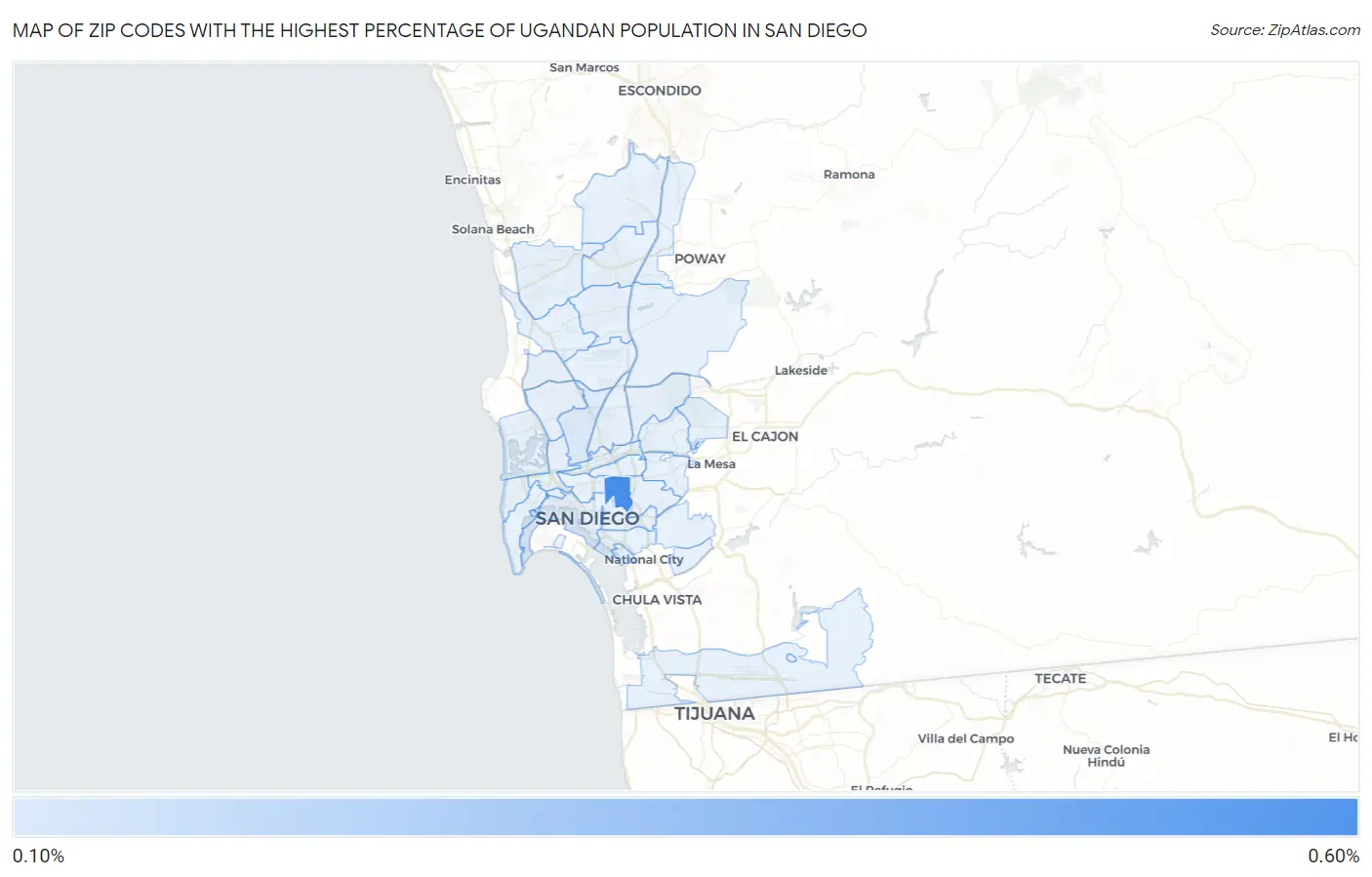 Zip Codes with the Highest Percentage of Ugandan Population in San Diego Map