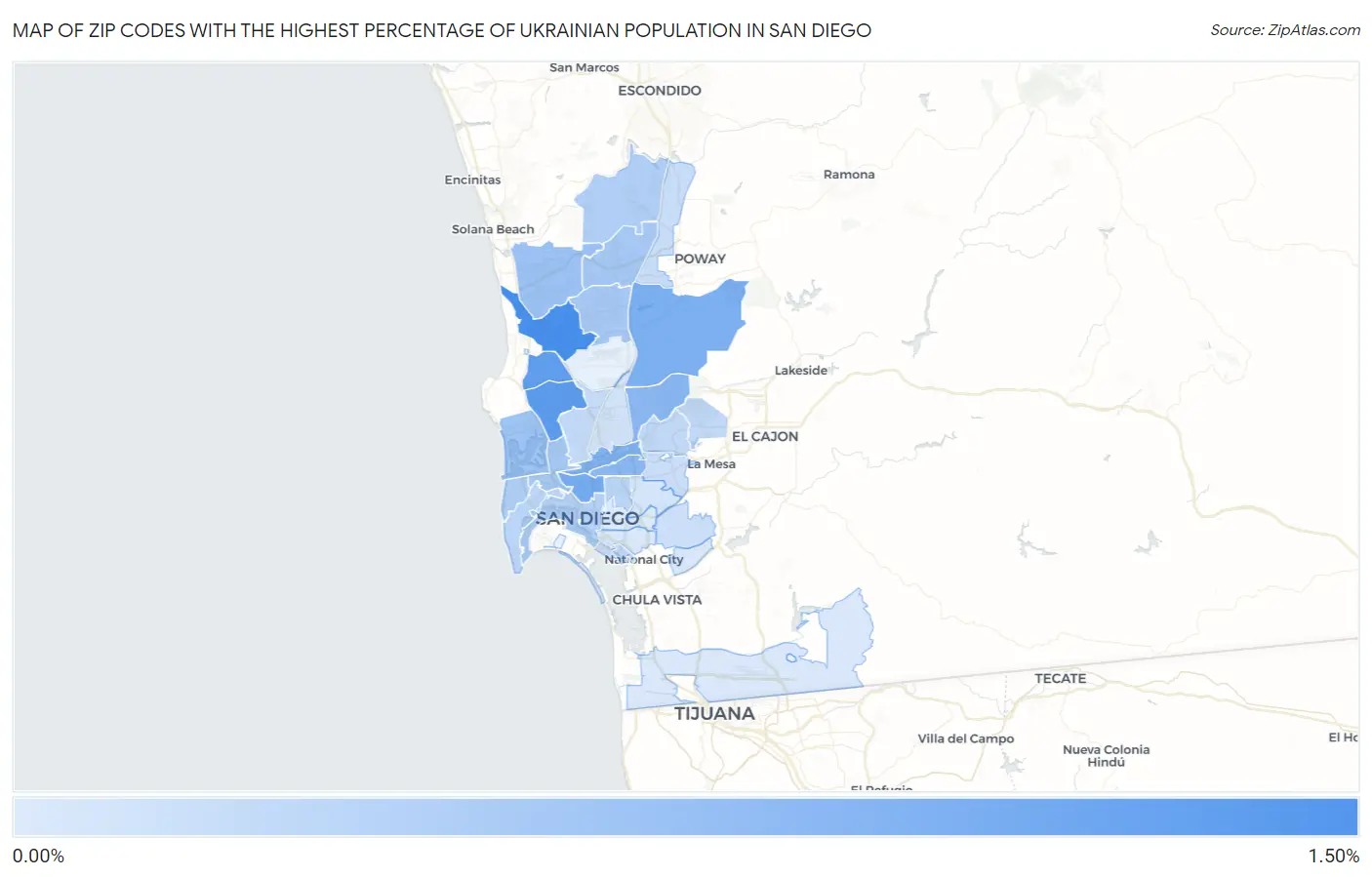 Zip Codes with the Highest Percentage of Ukrainian Population in San Diego Map