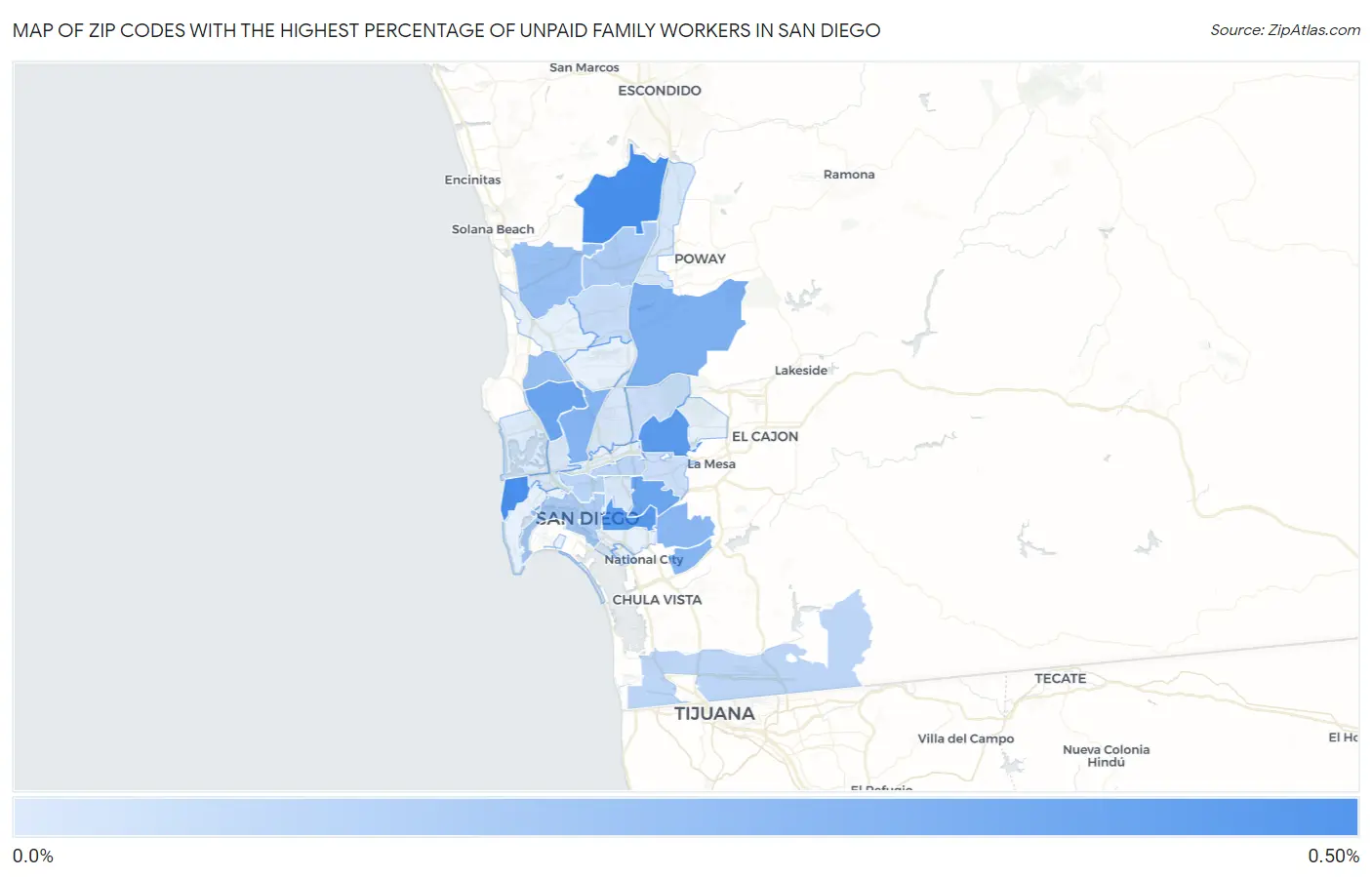 Zip Codes with the Highest Percentage of Unpaid Family Workers in San Diego Map