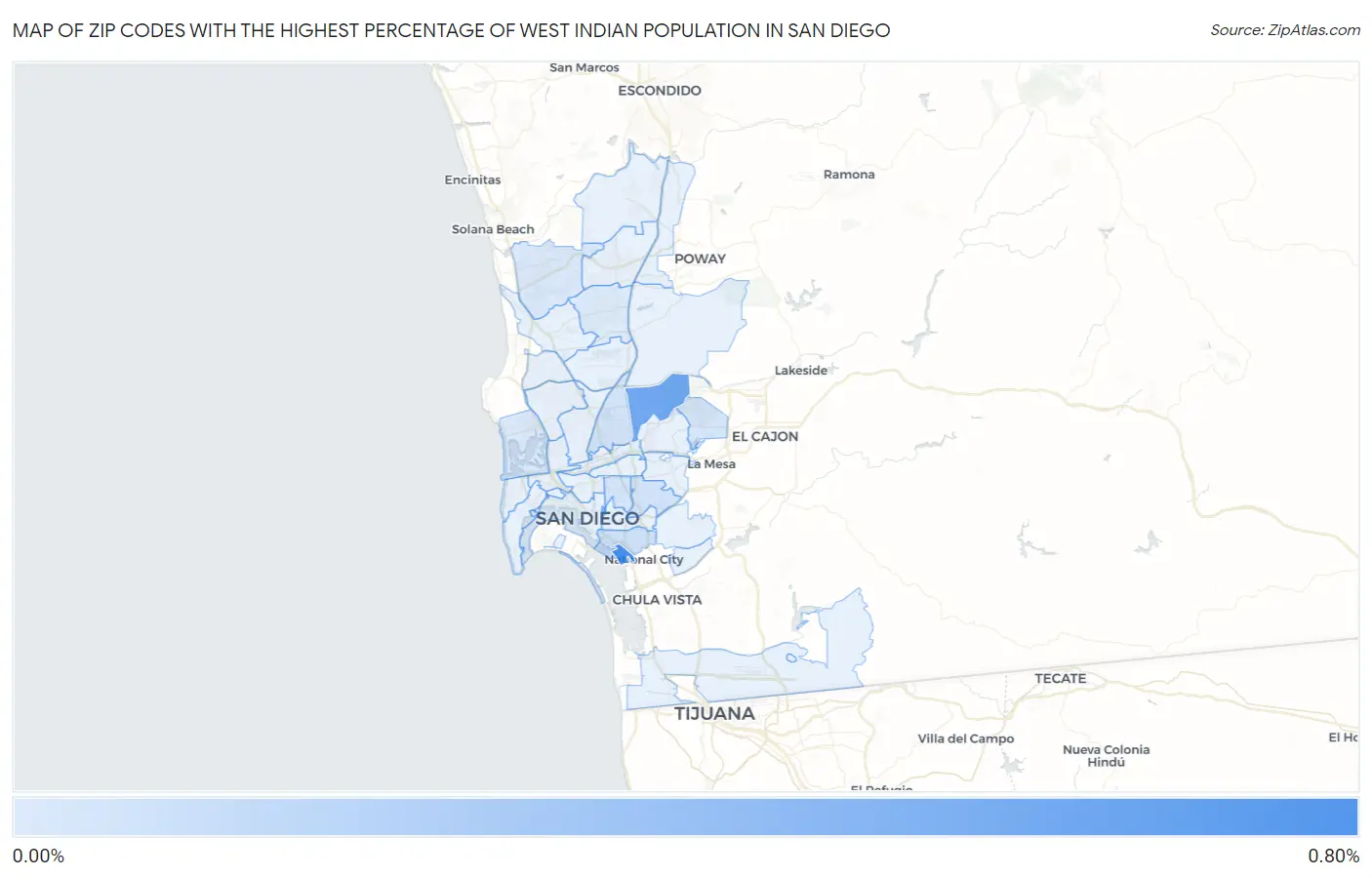 Zip Codes with the Highest Percentage of West Indian Population in San Diego Map