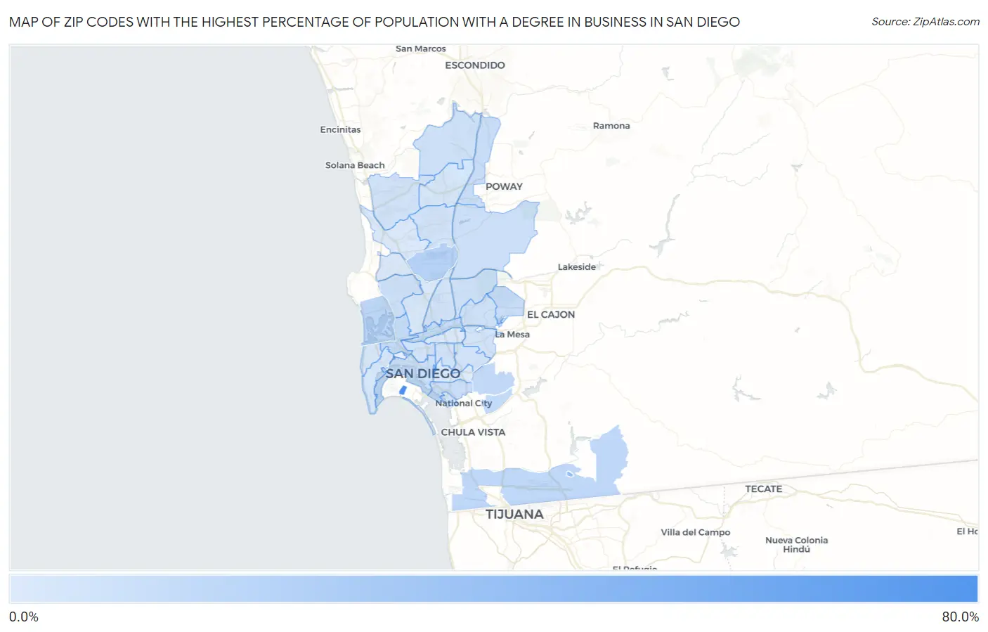 Zip Codes with the Highest Percentage of Population with a Degree in Business in San Diego Map
