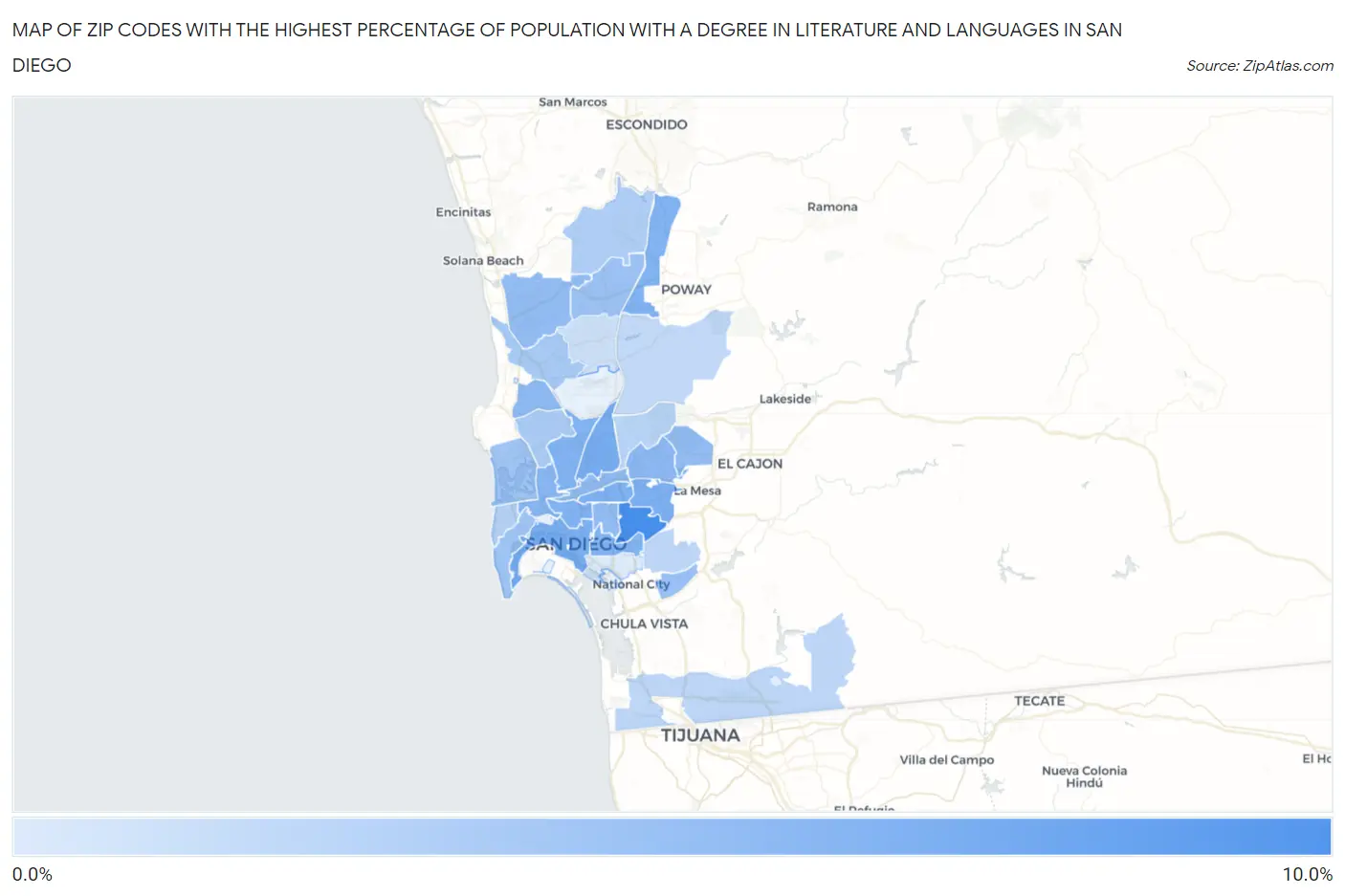Zip Codes with the Highest Percentage of Population with a Degree in Literature and Languages in San Diego Map