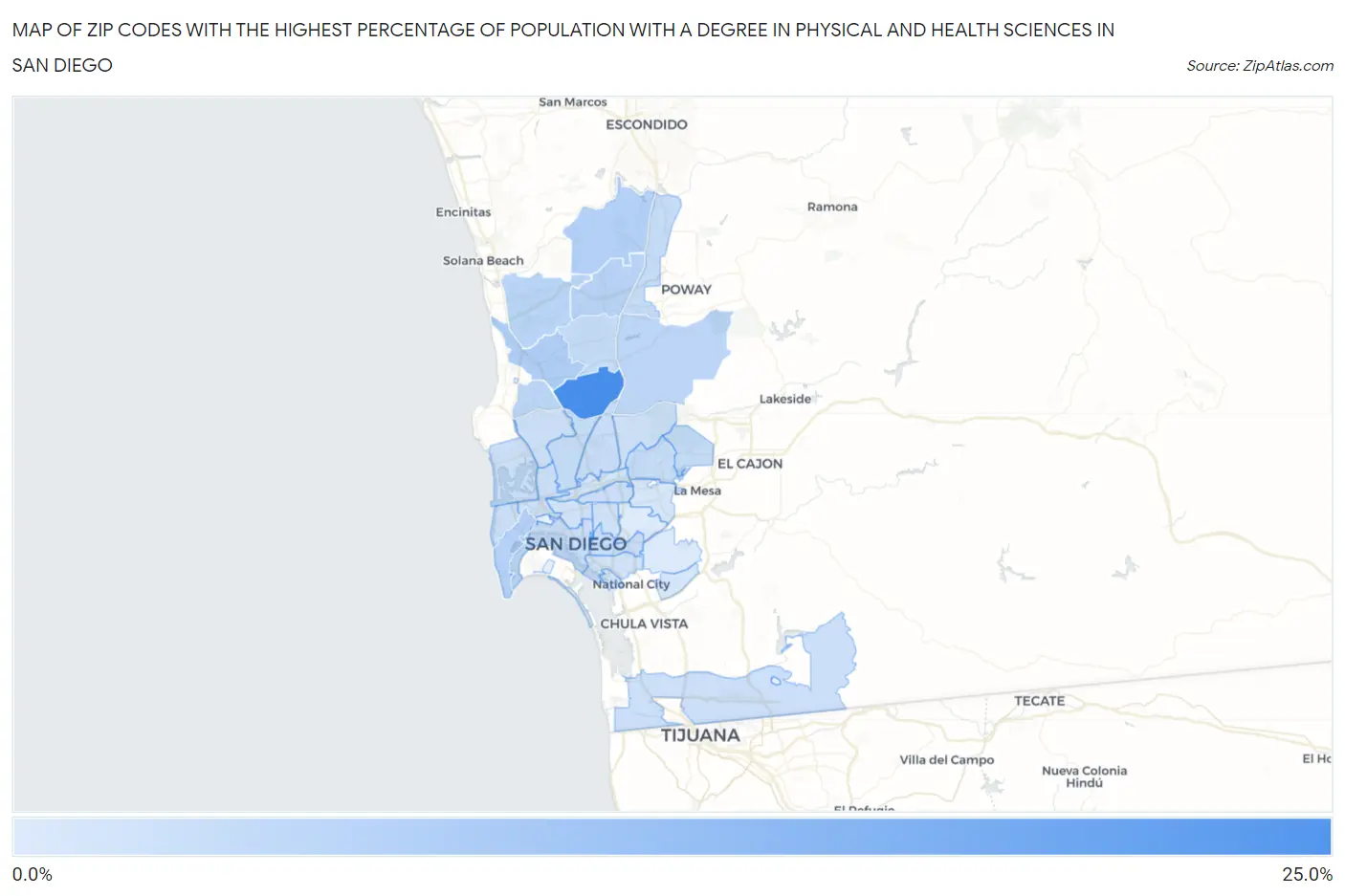 Zip Codes with the Highest Percentage of Population with a Degree in Physical and Health Sciences in San Diego Map