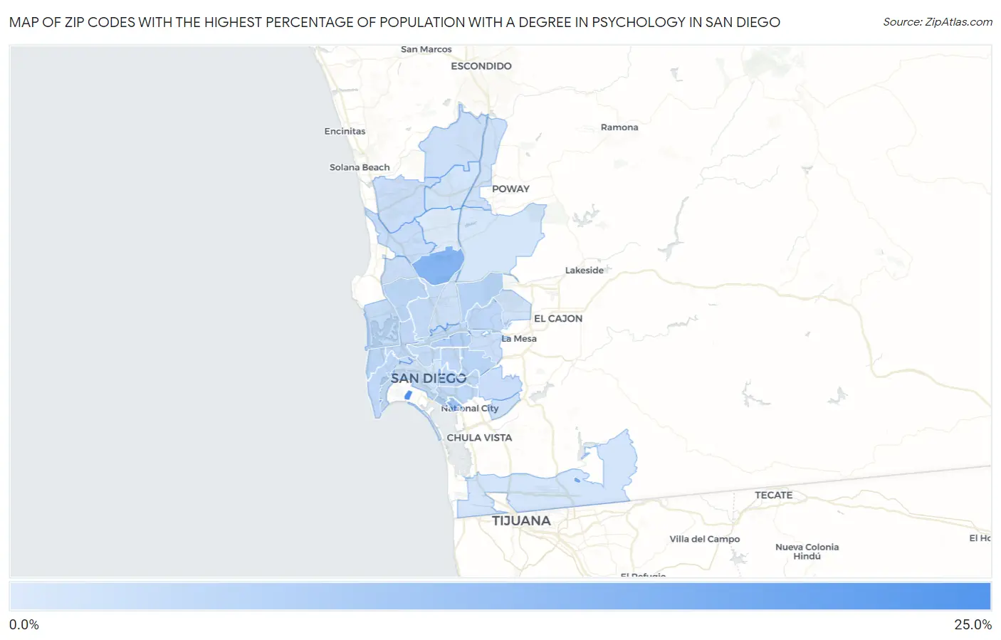 Zip Codes with the Highest Percentage of Population with a Degree in Psychology in San Diego Map
