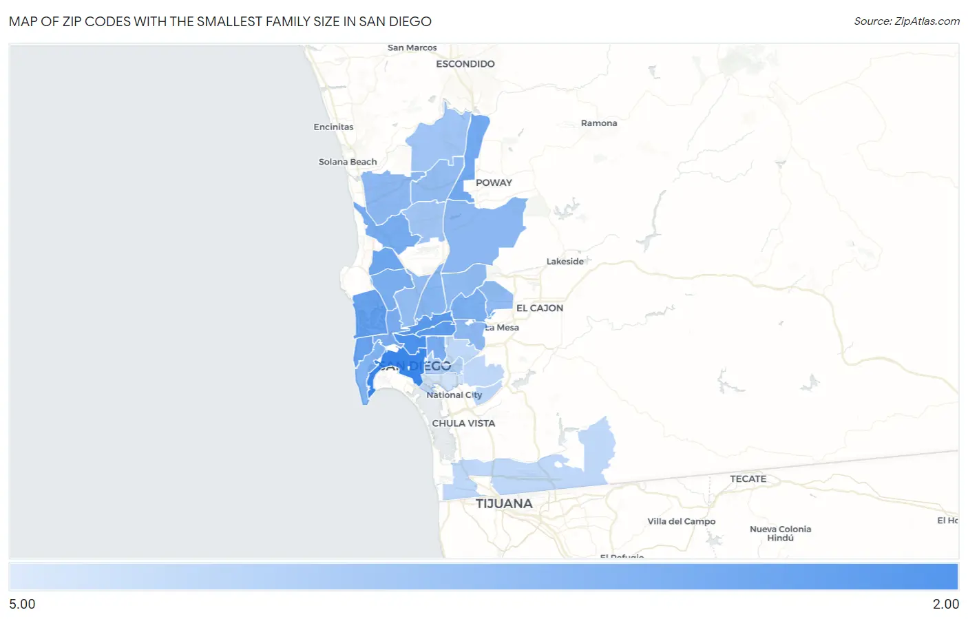Zip Codes with the Smallest Family Size in San Diego Map