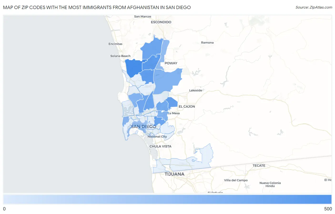 Zip Codes with the Most Immigrants from Afghanistan in San Diego Map