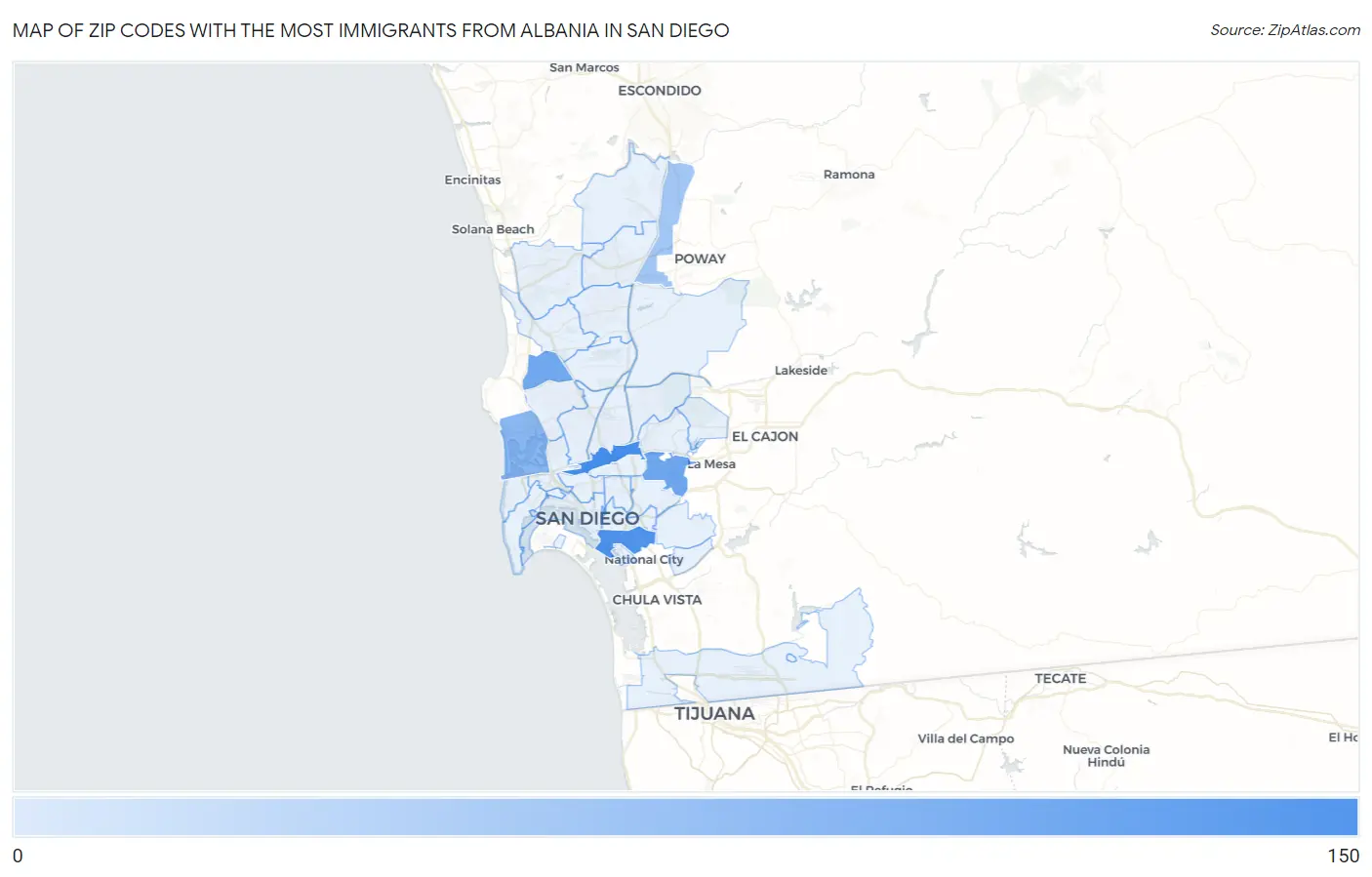 Zip Codes with the Most Immigrants from Albania in San Diego Map