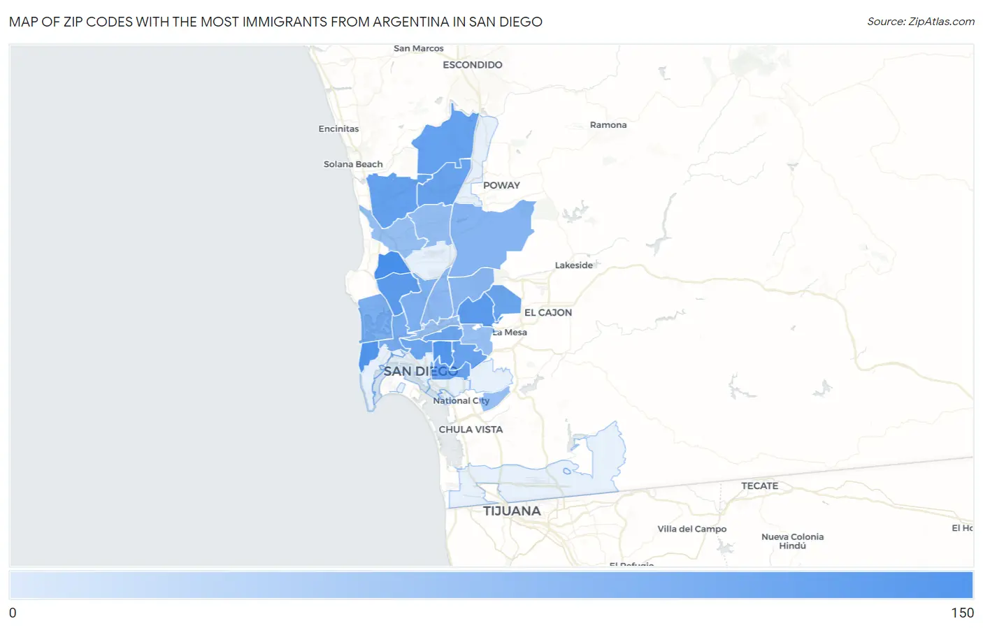 Zip Codes with the Most Immigrants from Argentina in San Diego Map