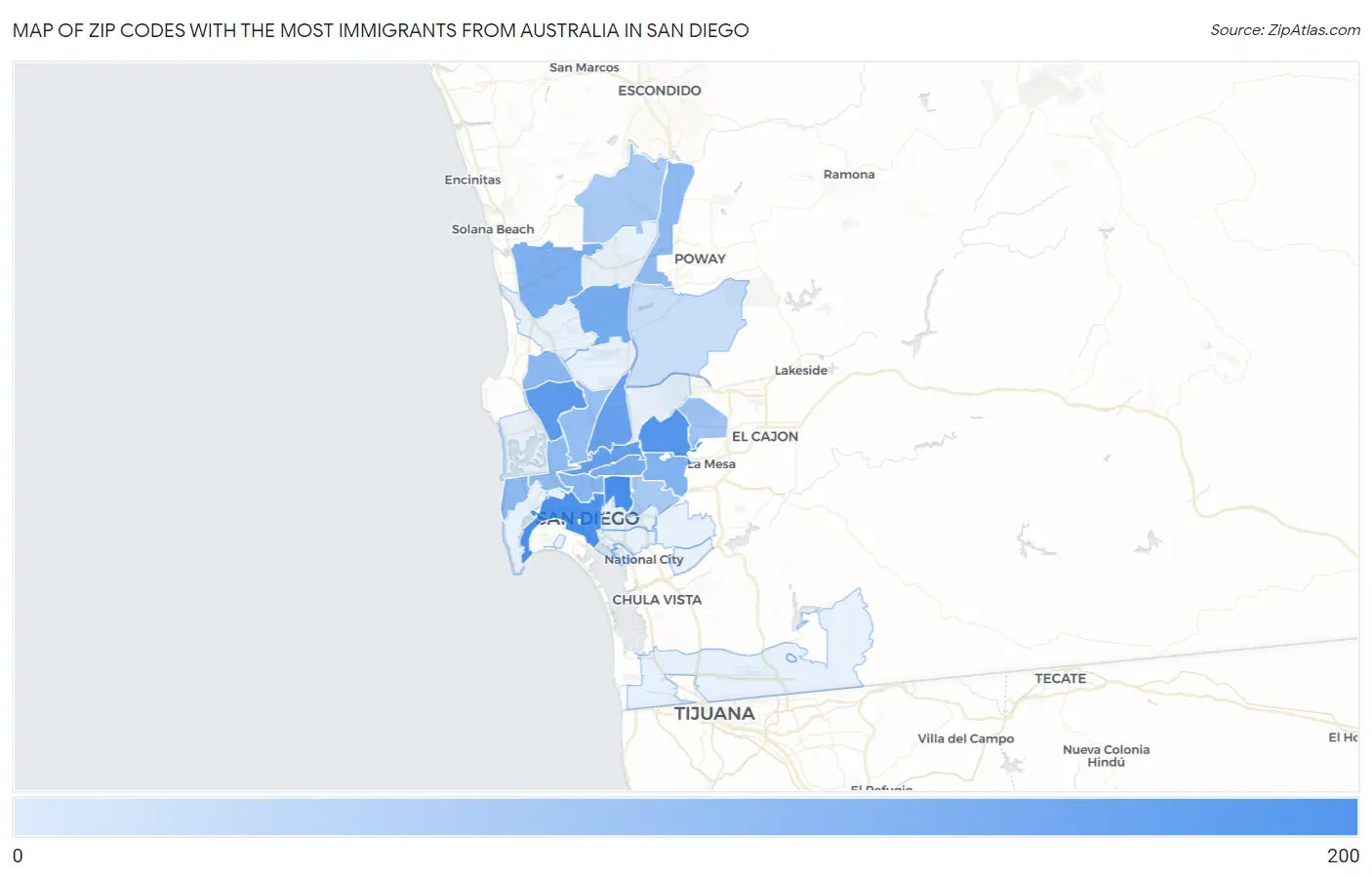 Zip Codes with the Most Immigrants from Australia in San Diego Map