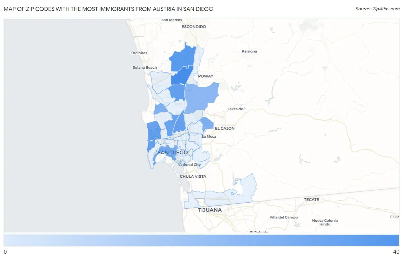 Zip Codes with the Most Immigrants from Austria in San Diego Map
