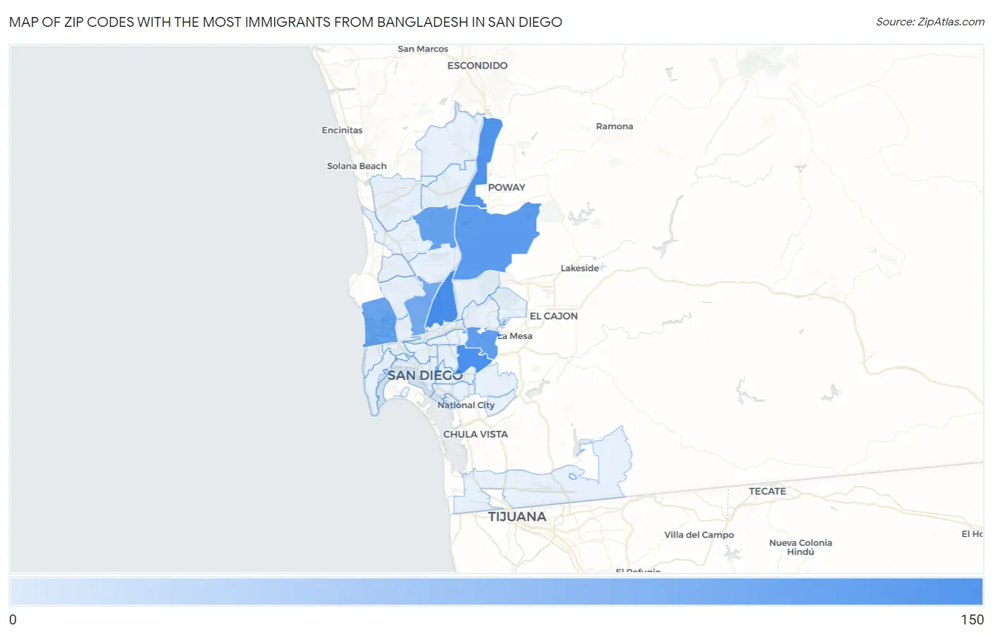 Zip Codes with the Most Immigrants from Bangladesh in San Diego Map