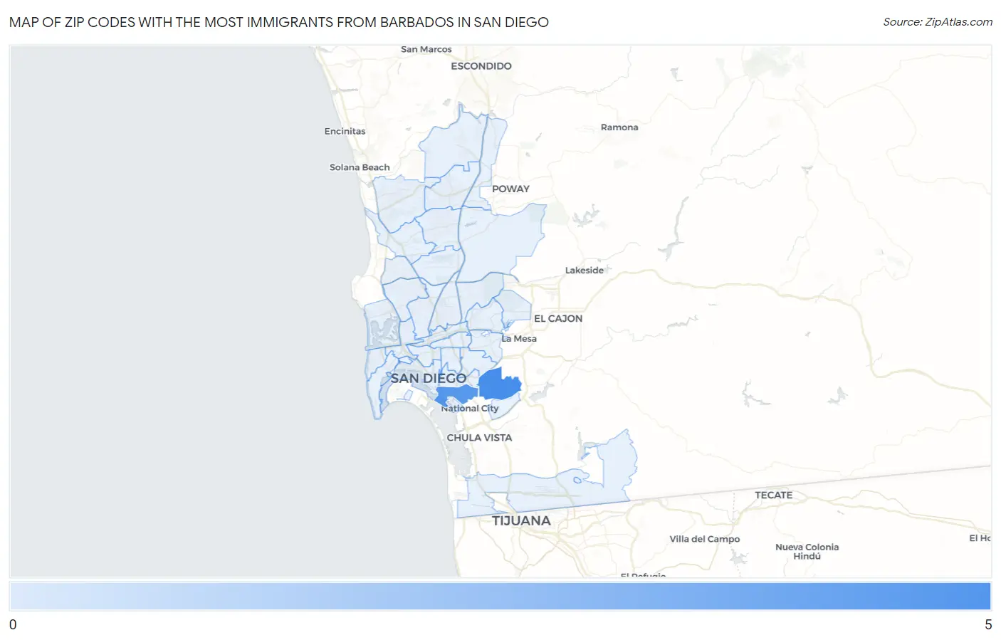 Zip Codes with the Most Immigrants from Barbados in San Diego Map