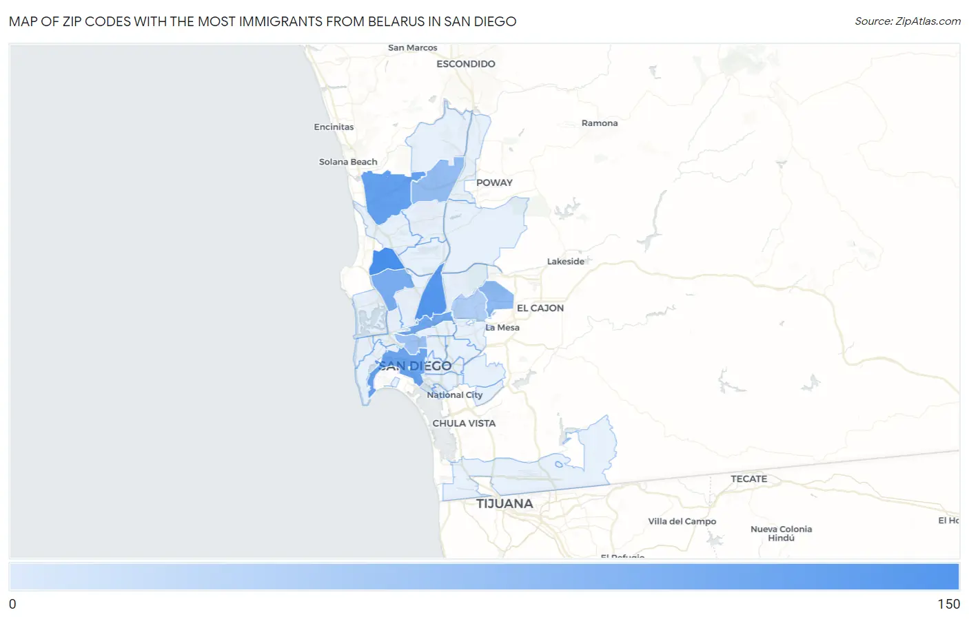 Zip Codes with the Most Immigrants from Belarus in San Diego Map