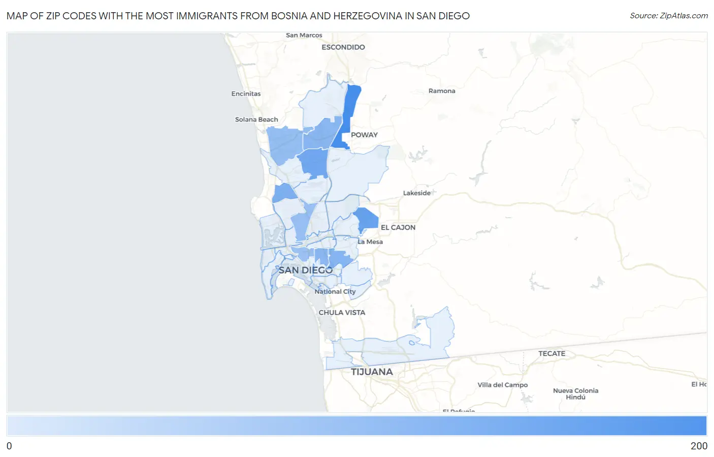 Zip Codes with the Most Immigrants from Bosnia and Herzegovina in San Diego Map