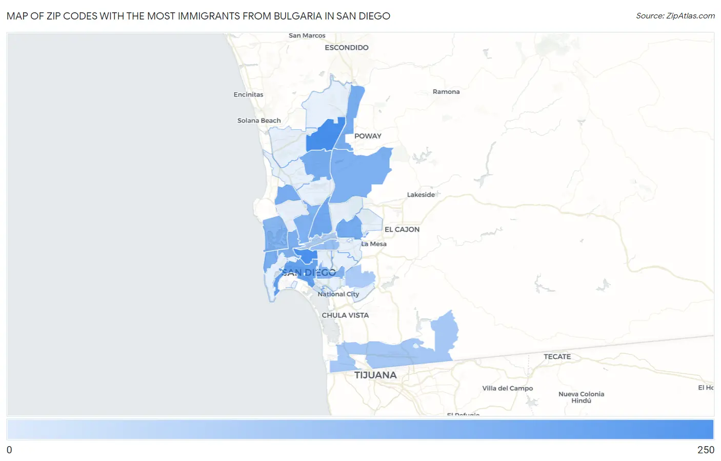 Zip Codes with the Most Immigrants from Bulgaria in San Diego Map