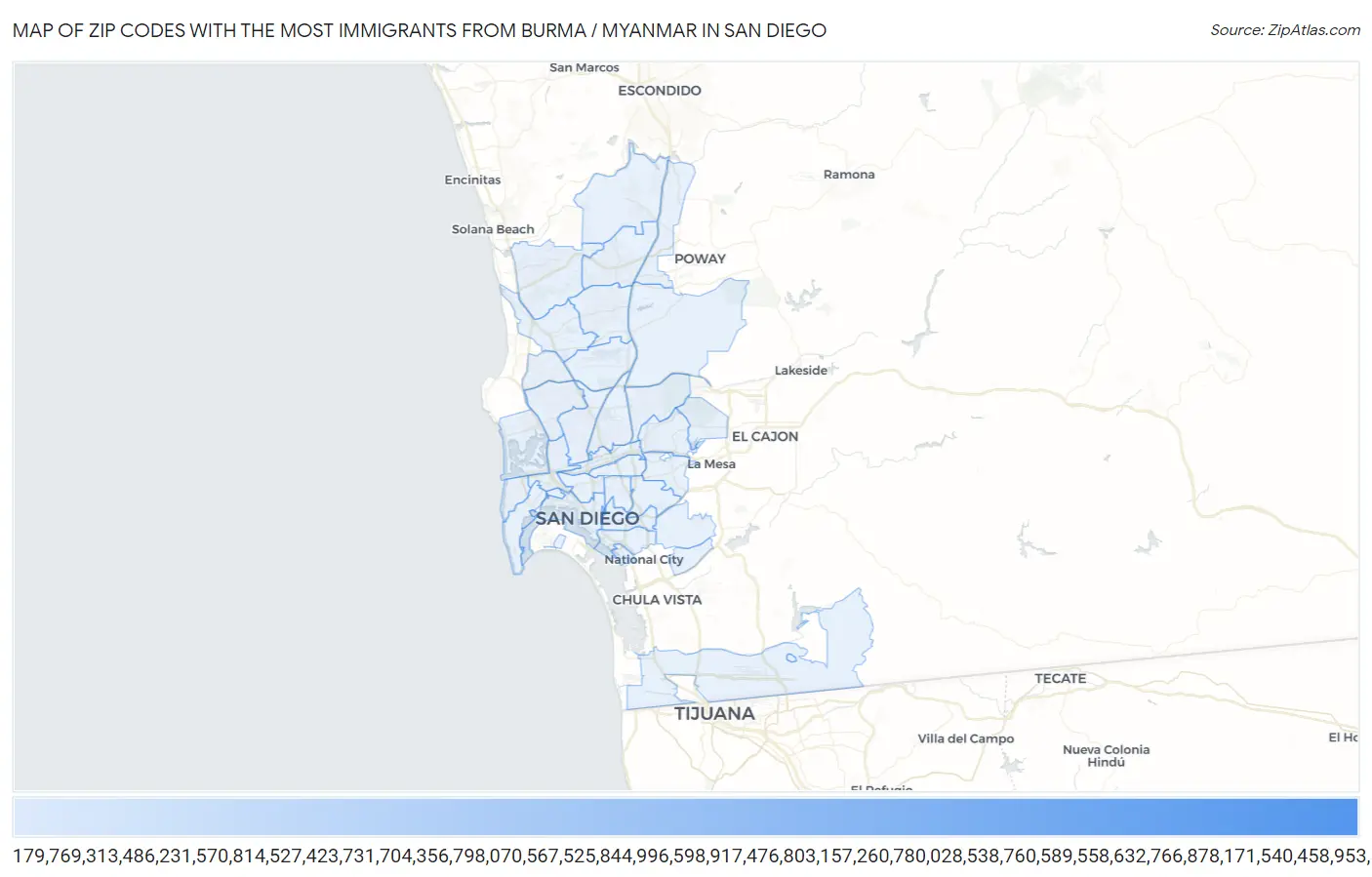 Zip Codes with the Most Immigrants from Burma / Myanmar in San Diego Map