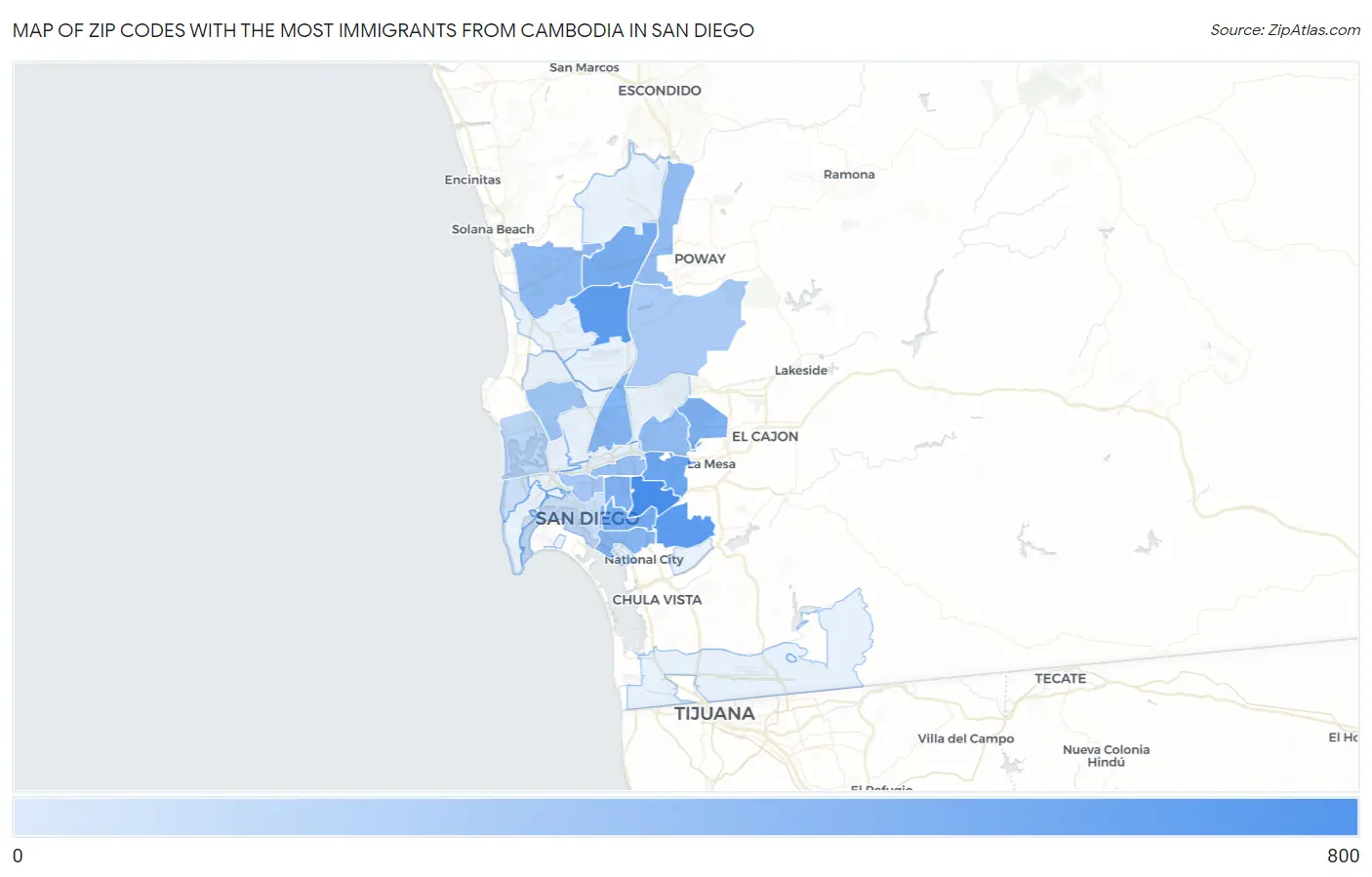 Zip Codes with the Most Immigrants from Cambodia in San Diego Map