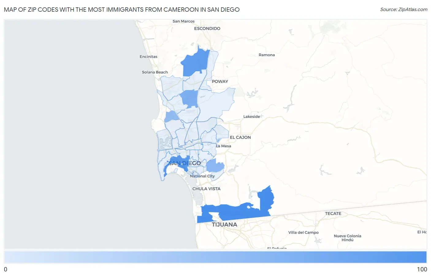 Zip Codes with the Most Immigrants from Cameroon in San Diego Map