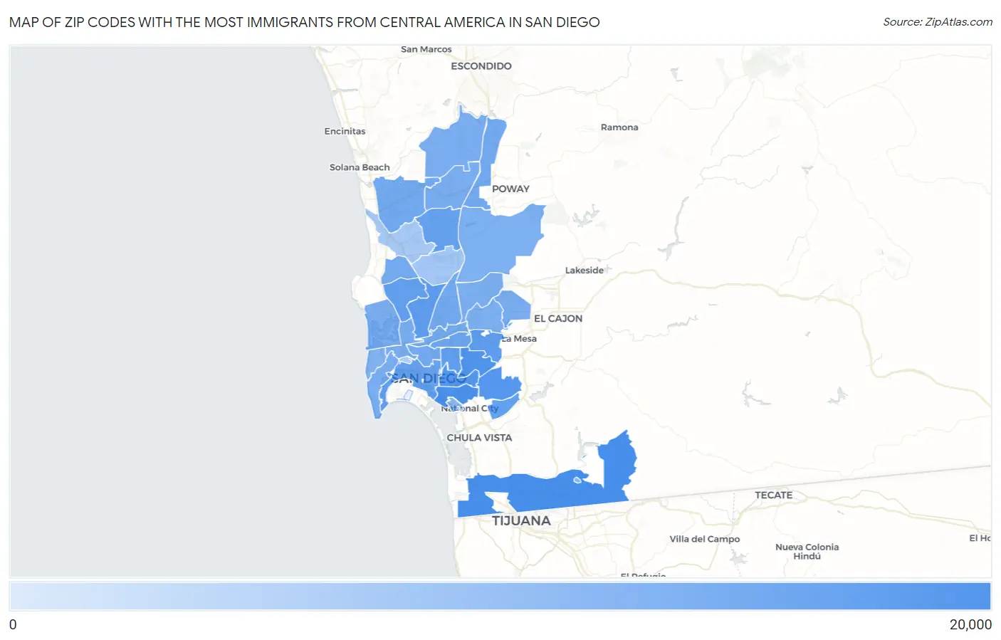 Zip Codes with the Most Immigrants from Central America in San Diego Map