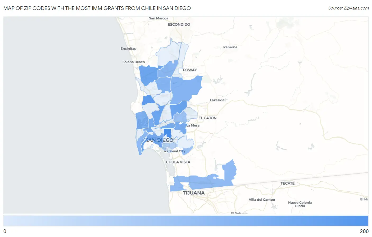 Zip Codes with the Most Immigrants from Chile in San Diego Map