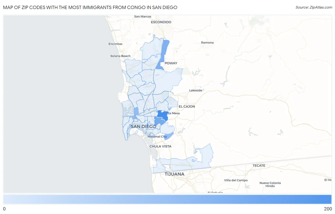 Zip Codes with the Most Immigrants from Congo in San Diego Map