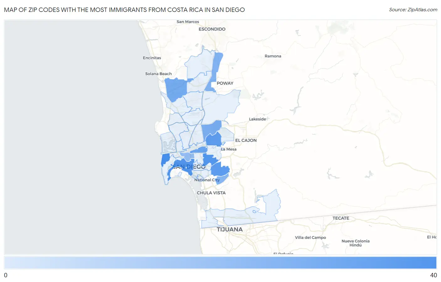 Zip Codes with the Most Immigrants from Costa Rica in San Diego Map