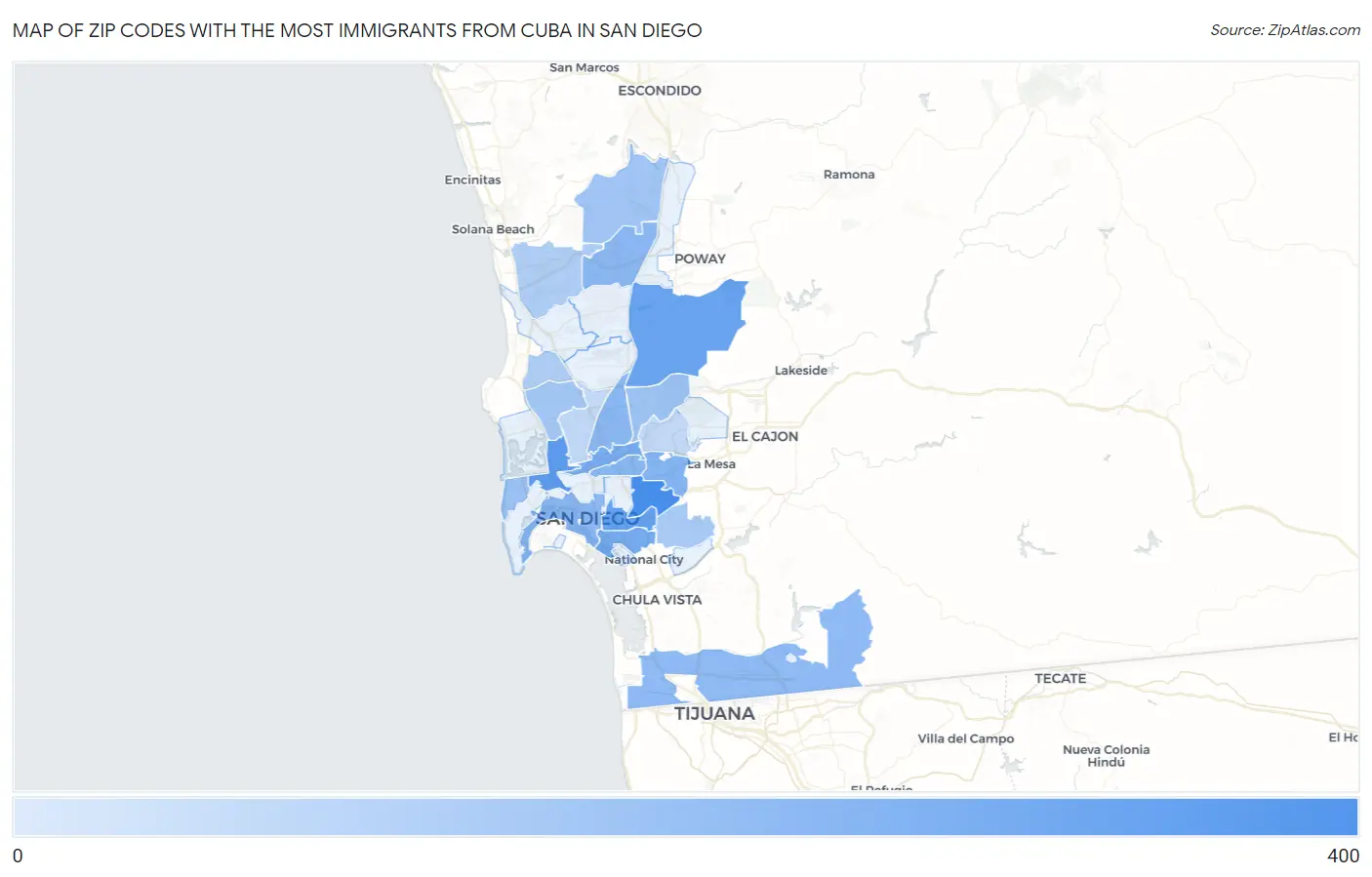 Zip Codes with the Most Immigrants from Cuba in San Diego Map