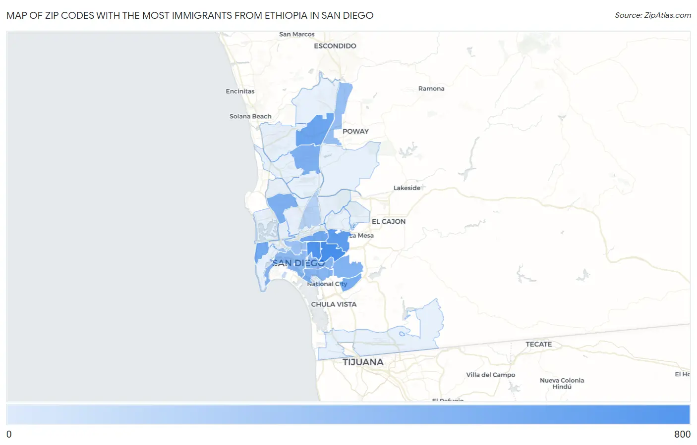 Zip Codes with the Most Immigrants from Ethiopia in San Diego Map