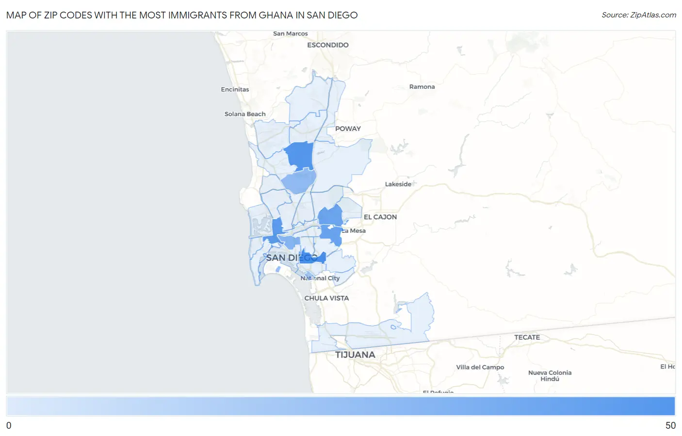 Zip Codes with the Most Immigrants from Ghana in San Diego Map