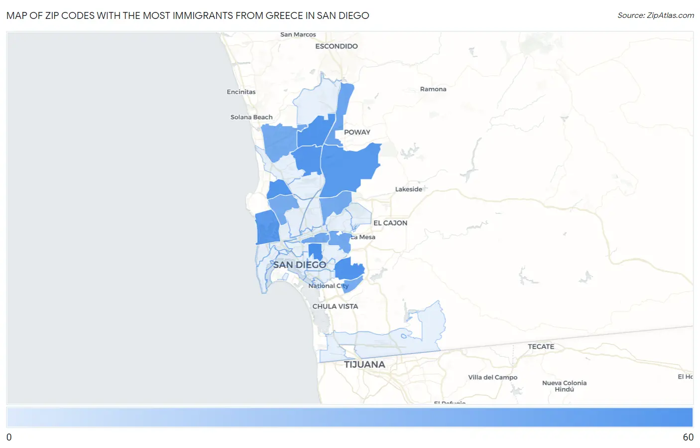 Zip Codes with the Most Immigrants from Greece in San Diego Map