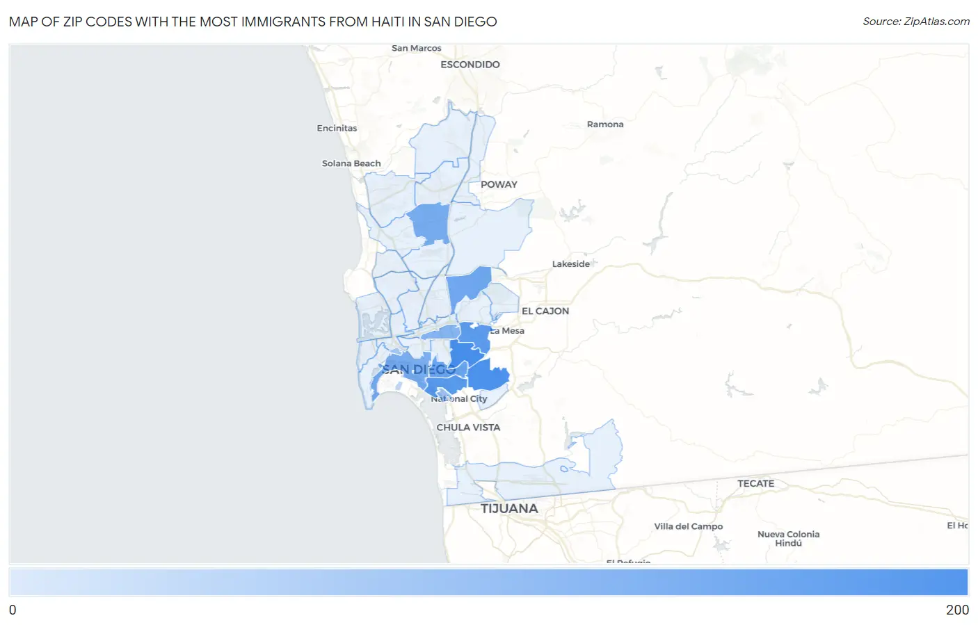 Zip Codes with the Most Immigrants from Haiti in San Diego Map