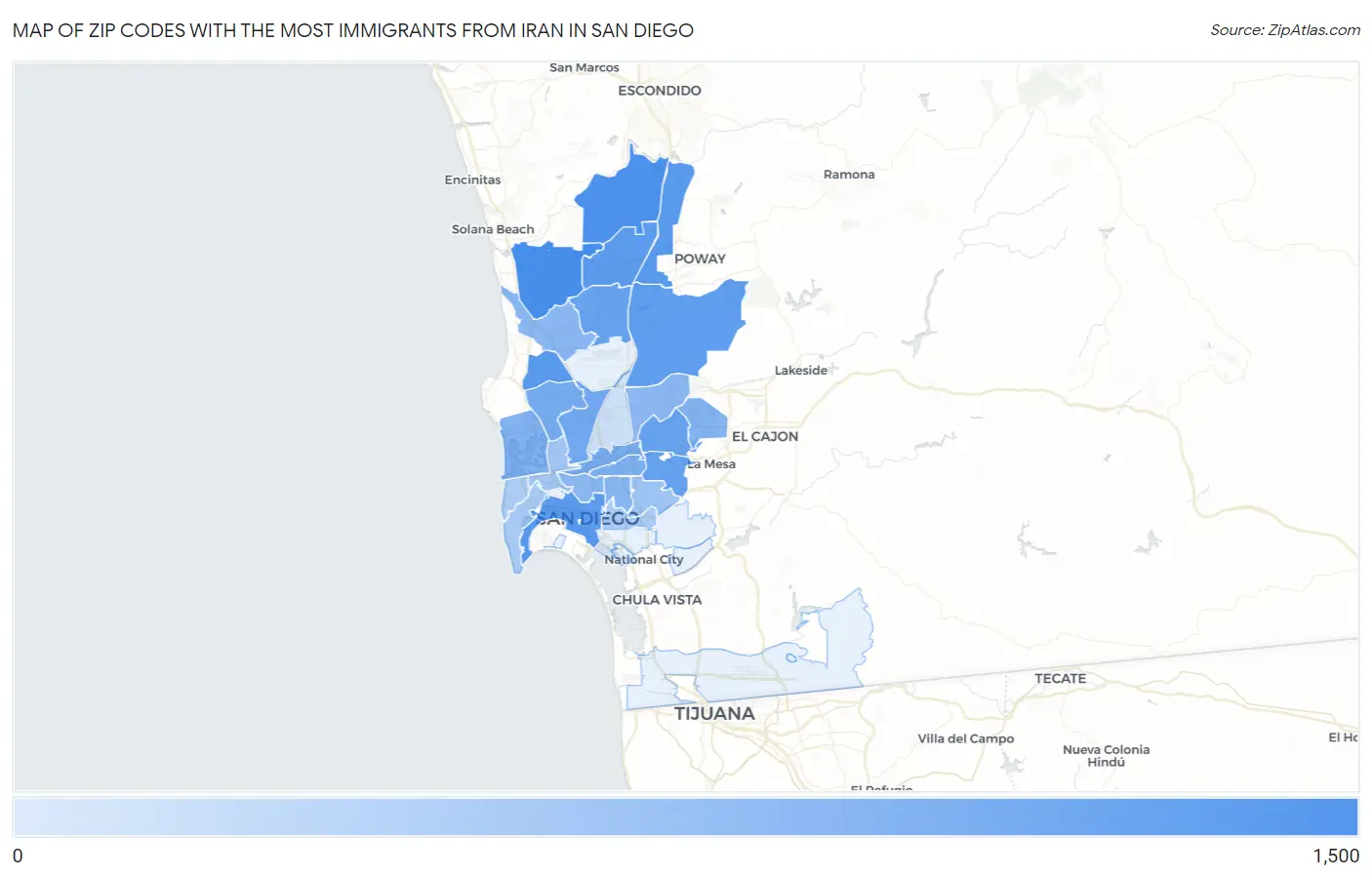 Zip Codes with the Most Immigrants from Iran in San Diego Map