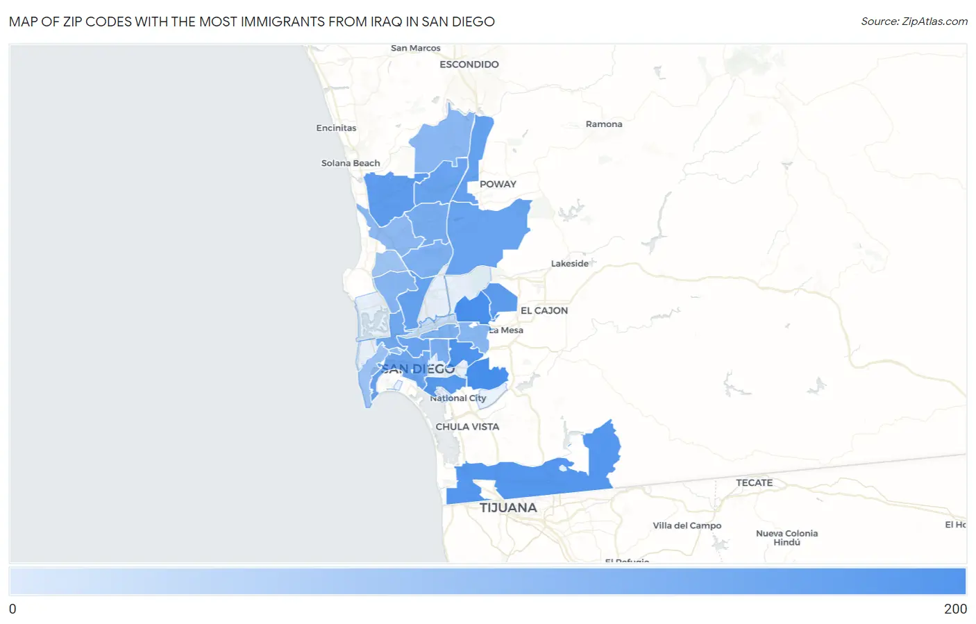 Zip Codes with the Most Immigrants from Iraq in San Diego Map