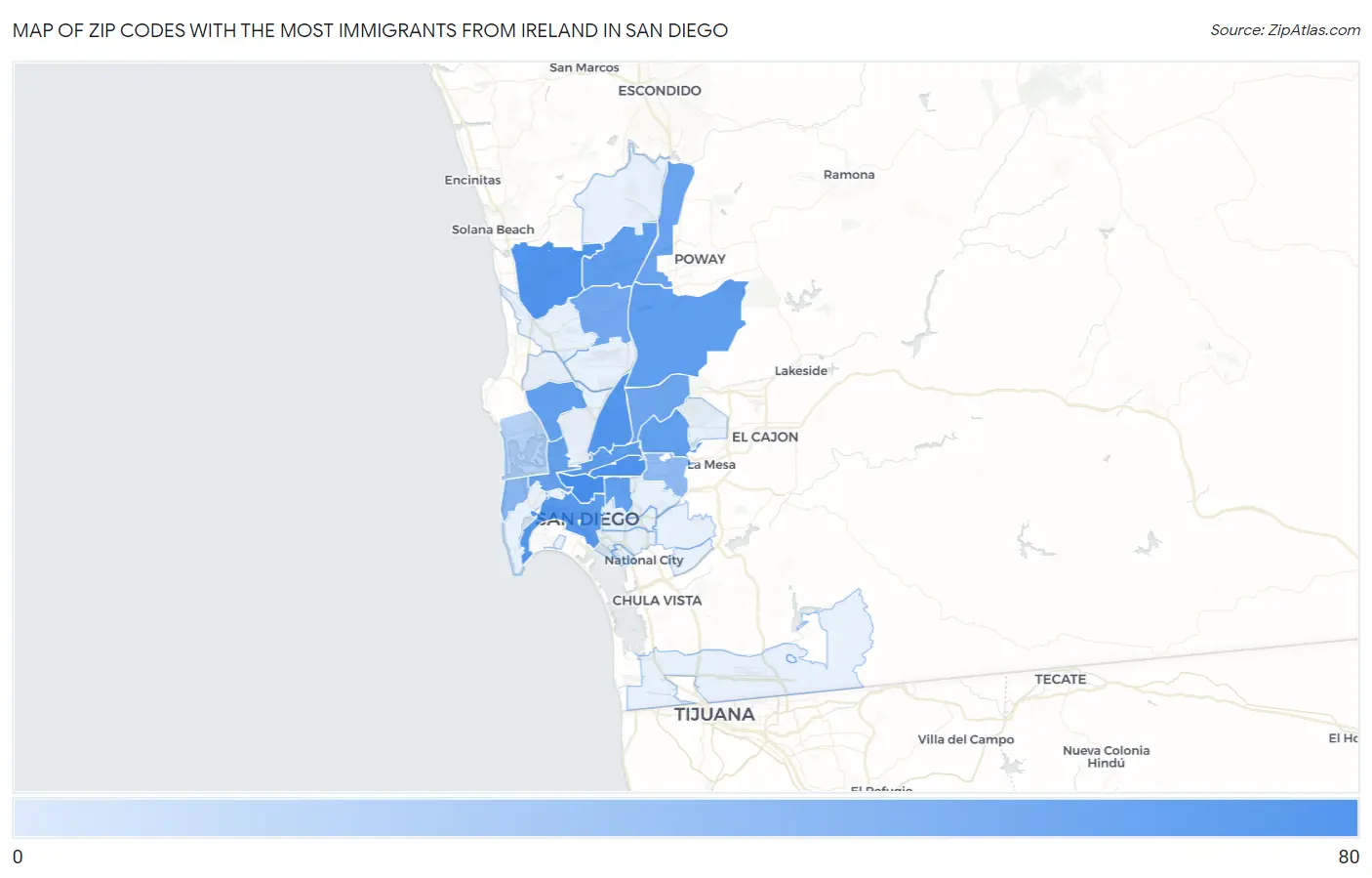 Zip Codes with the Most Immigrants from Ireland in San Diego Map
