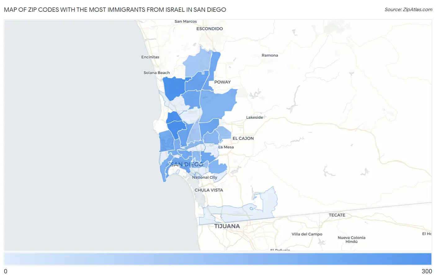Zip Codes with the Most Immigrants from Israel in San Diego Map