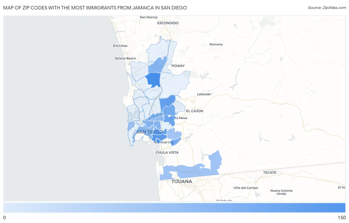 Zip Codes with the Most Immigrants from Jamaica in San Diego Map