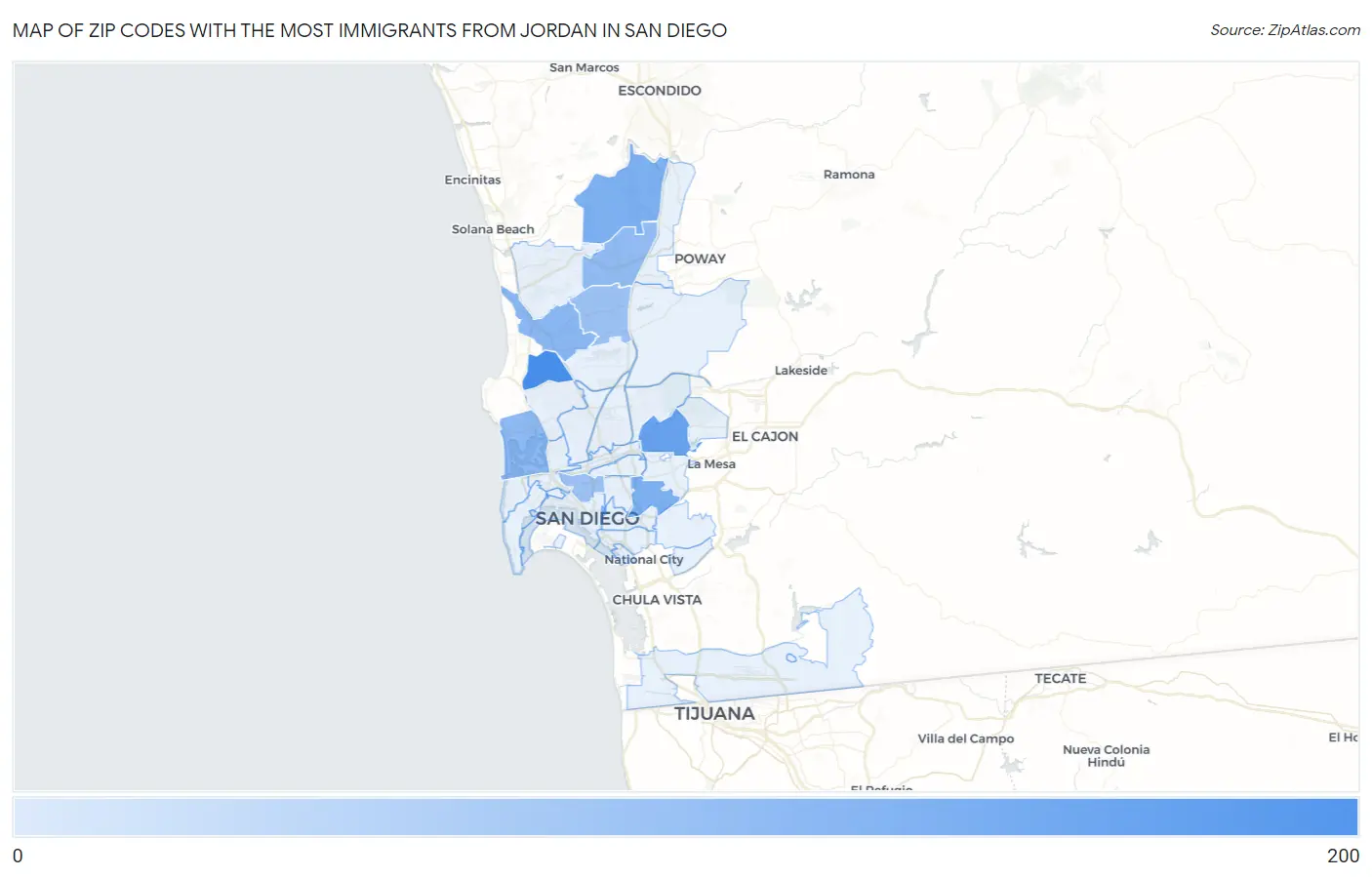 Zip Codes with the Most Immigrants from Jordan in San Diego Map