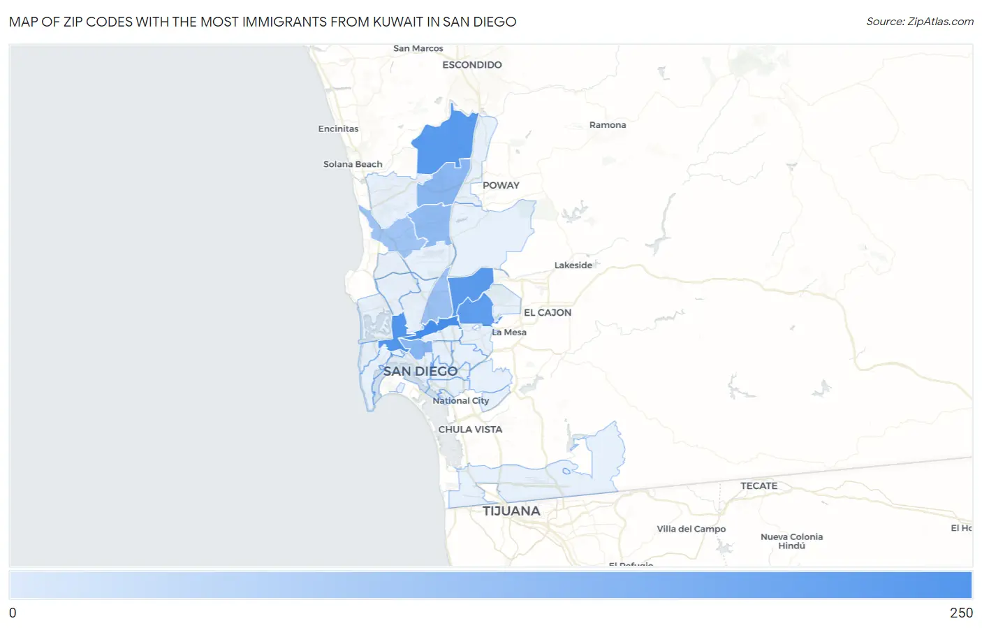 Zip Codes with the Most Immigrants from Kuwait in San Diego Map
