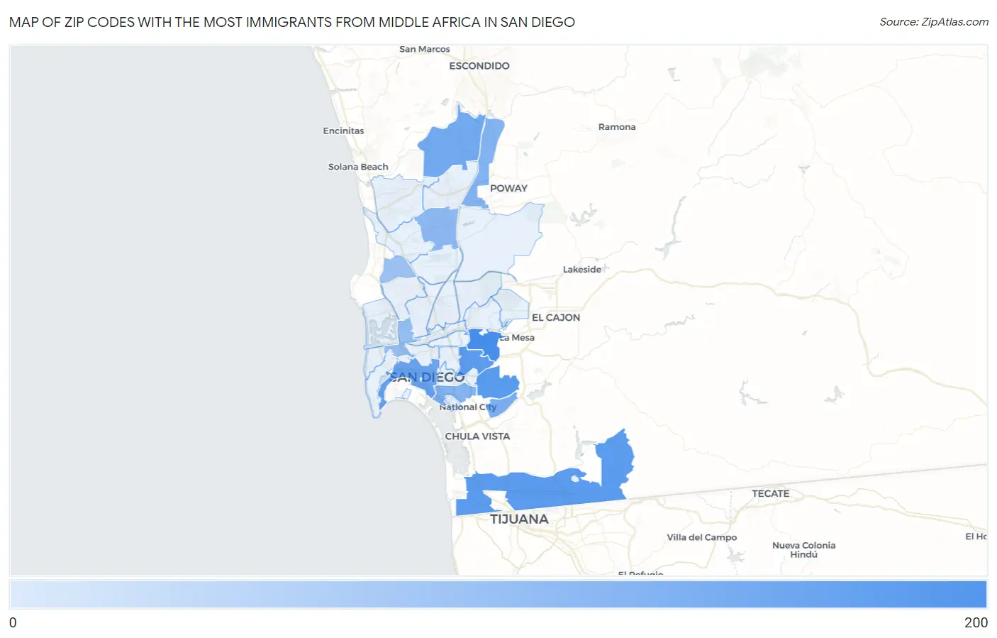 Zip Codes with the Most Immigrants from Middle Africa in San Diego Map