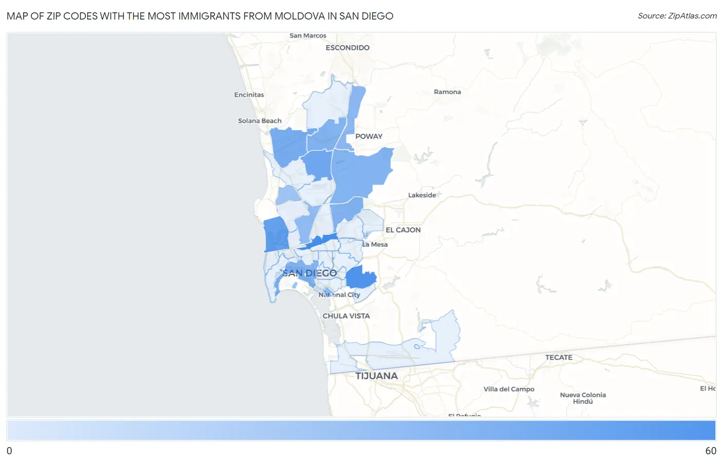Zip Codes with the Most Immigrants from Moldova in San Diego Map