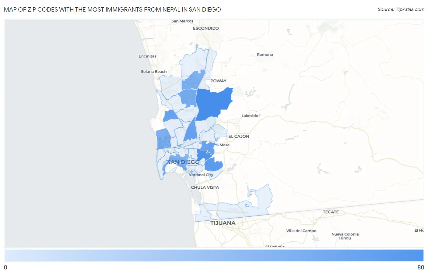 Zip Codes with the Most Immigrants from Nepal in San Diego Map