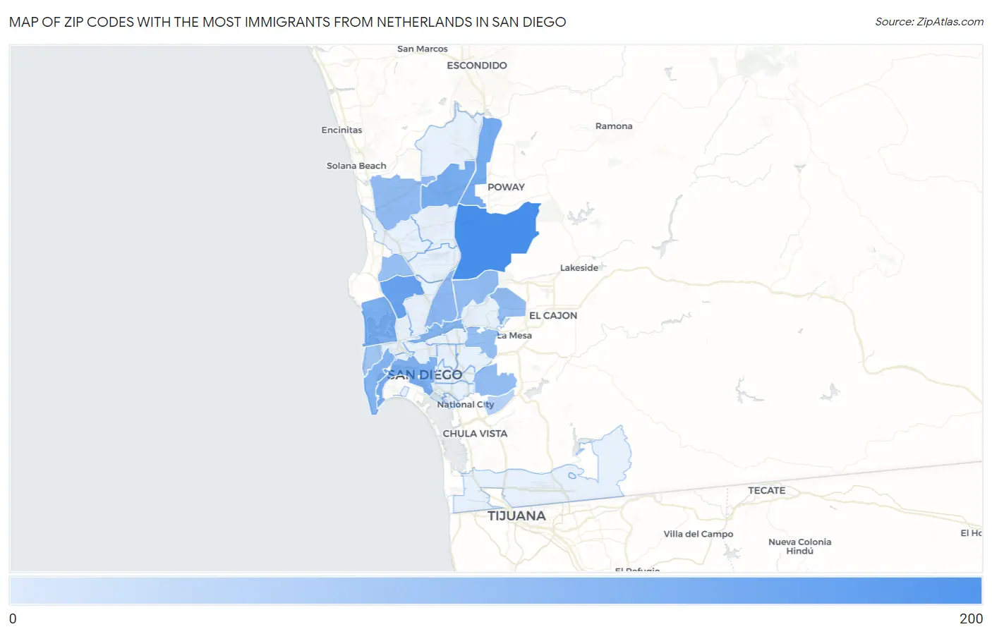 Zip Codes with the Most Immigrants from Netherlands in San Diego Map
