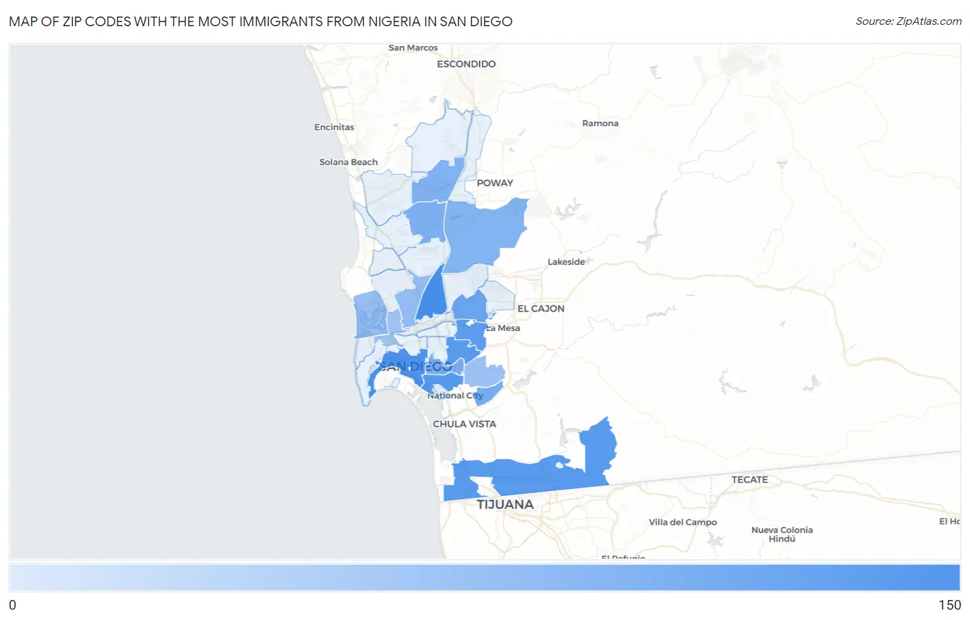 Zip Codes with the Most Immigrants from Nigeria in San Diego Map