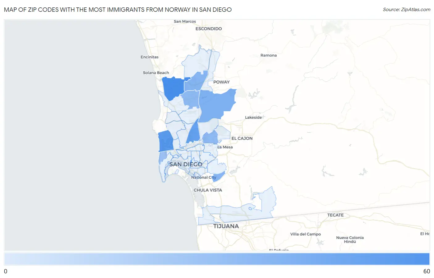 Zip Codes with the Most Immigrants from Norway in San Diego Map