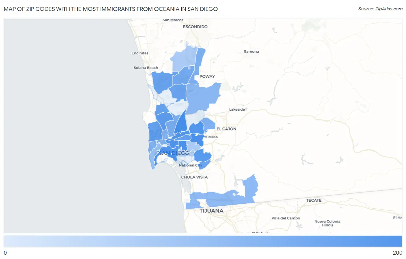 Zip Codes with the Most Immigrants from Oceania in San Diego Map